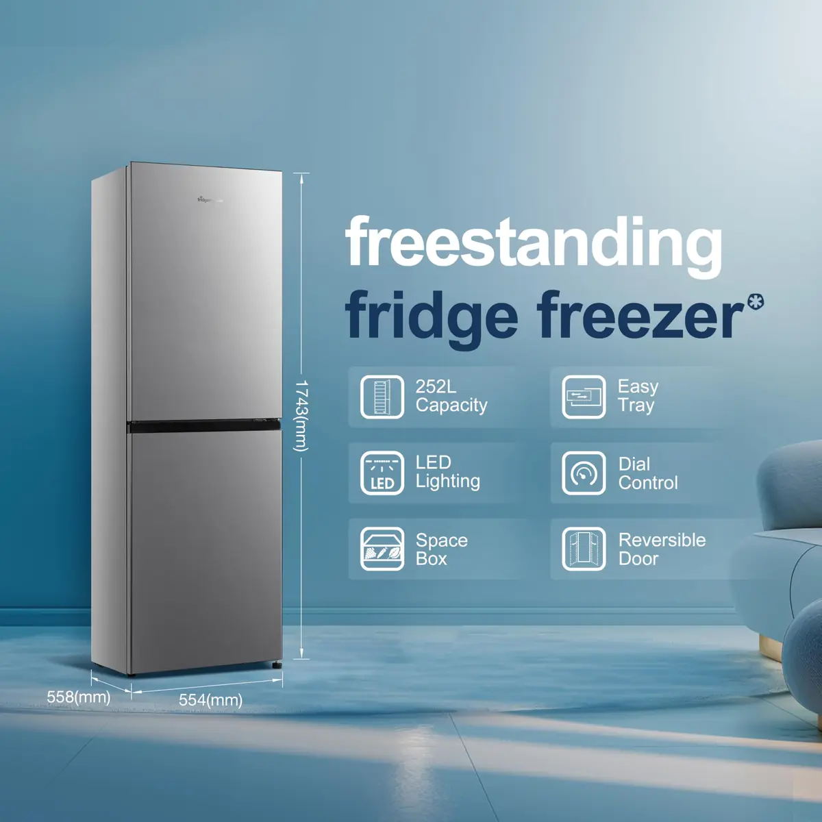 Fridgemaster Freestanding Fridge Freezer - Silver, 252L, 55cm, 50/50 Split - Image 2