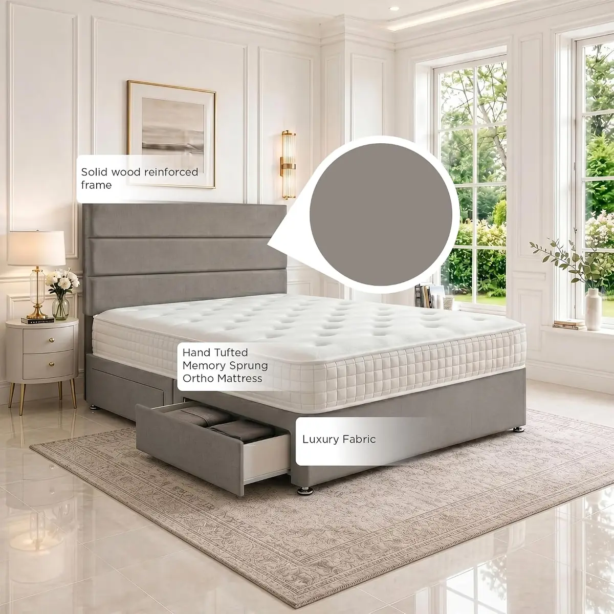 SANA SLEEP Divan Bed with 2 Drawers - Plush Fabric, Optional Orthopaedic Mattress - Image 73