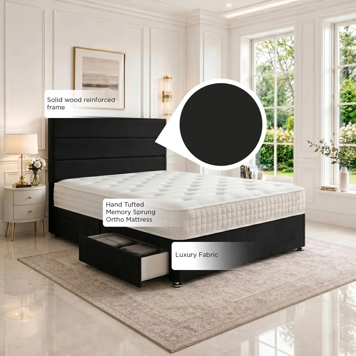 SANA SLEEP Divan Bed with 2 Drawers - Plush Fabric, Optional Orthopaedic Mattress - Image 98