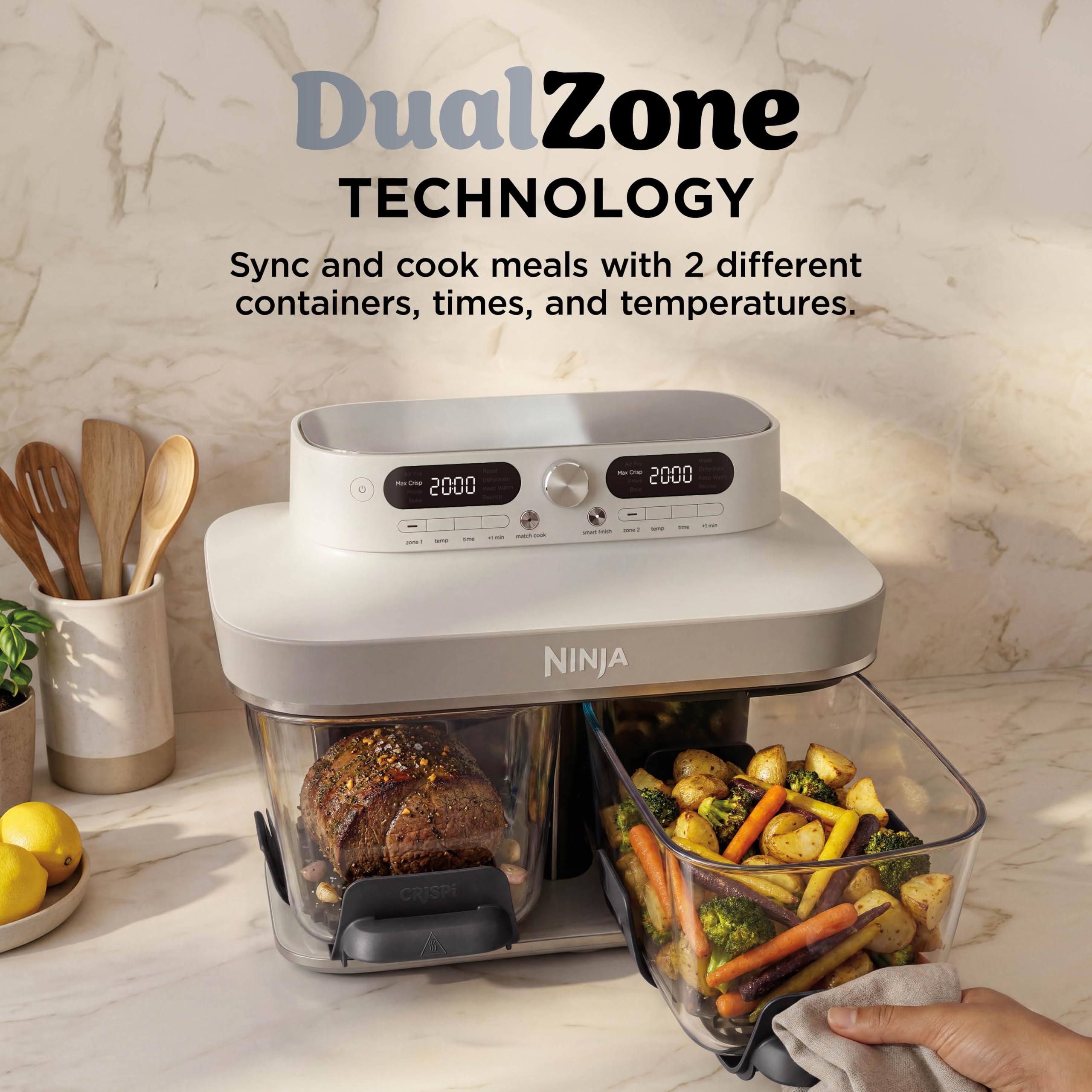 Ninja CRISPi DualZone Glass Air Fryer - Bone, 2-Basket, PFAS-Free Glass - Image 2