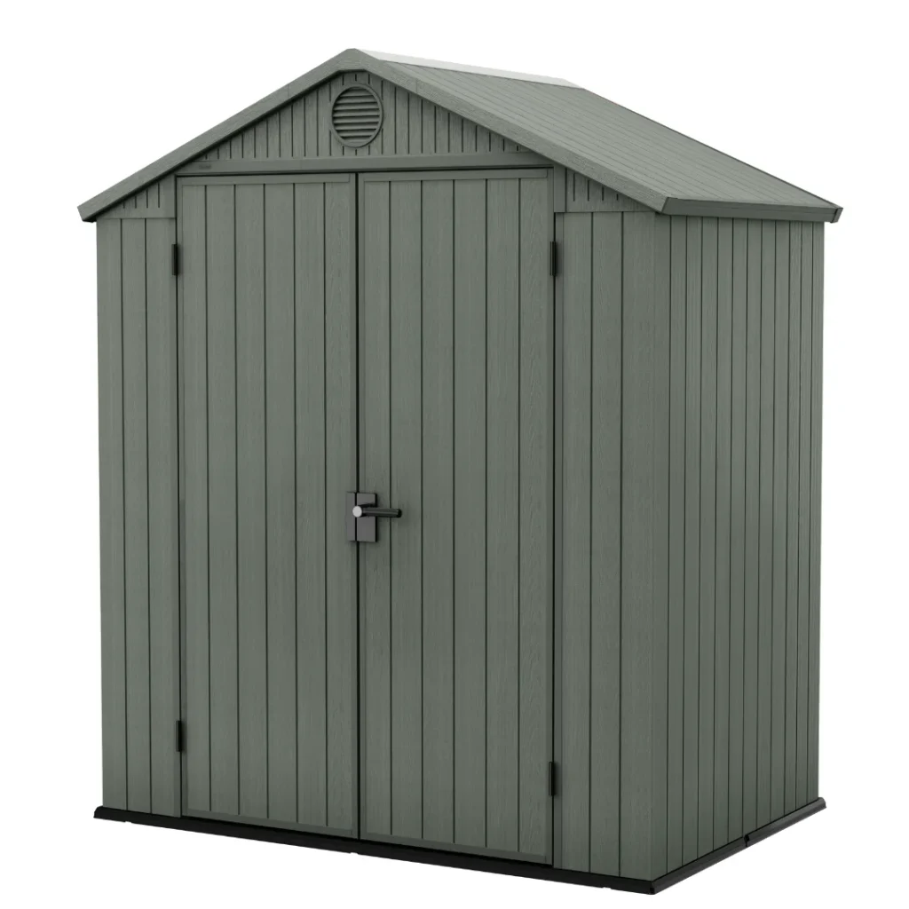 Keter Darwin 6x4 ft garden shed in green, front view with double doors closed